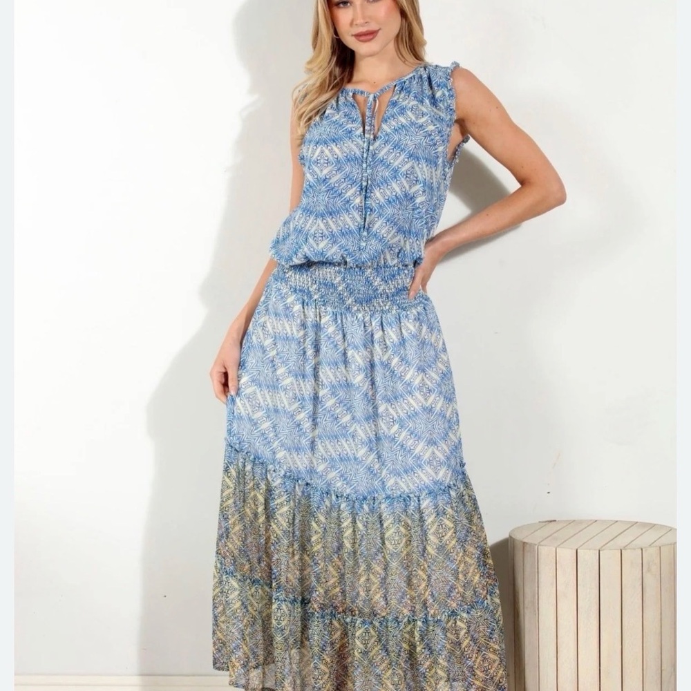 Veronica M Blue Patterned Sleeveless Maxi Dress